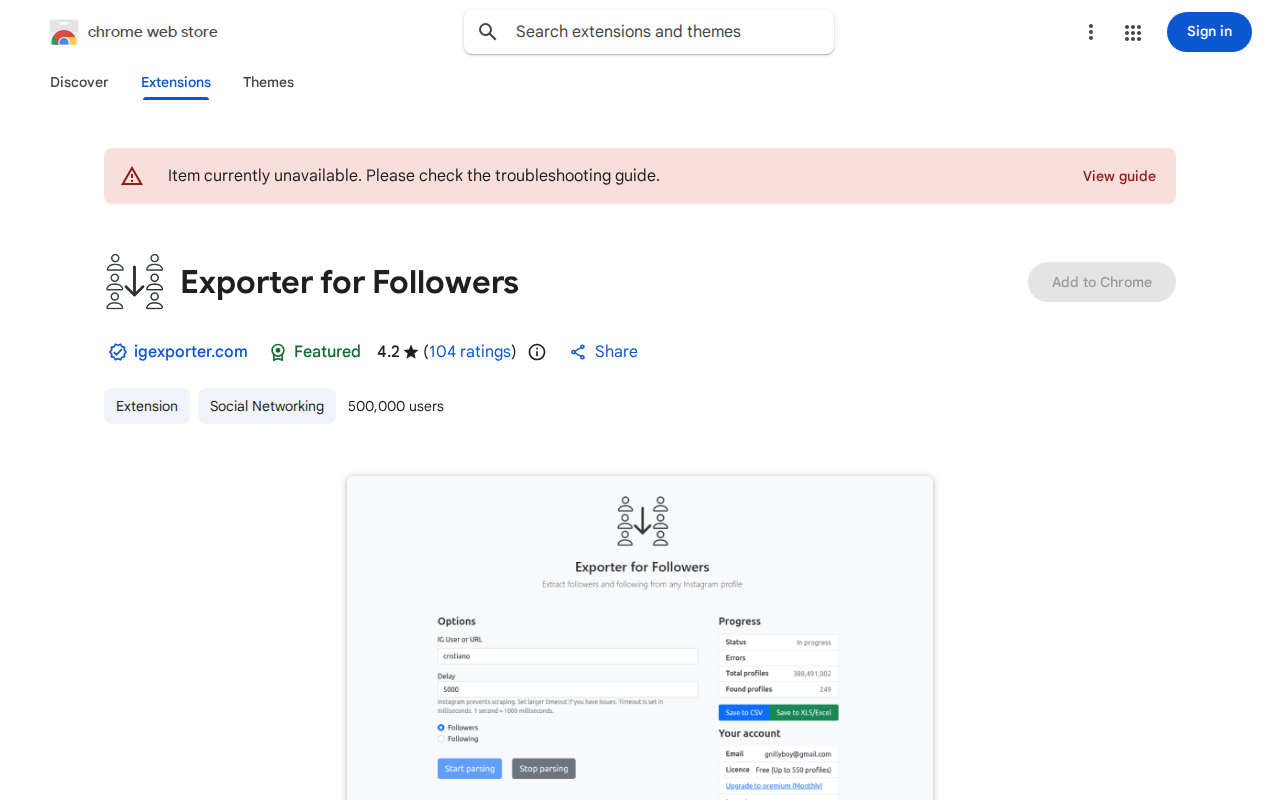 Exporter for Followers listing showing the "Item currently unavailable" banner and 500,000 users