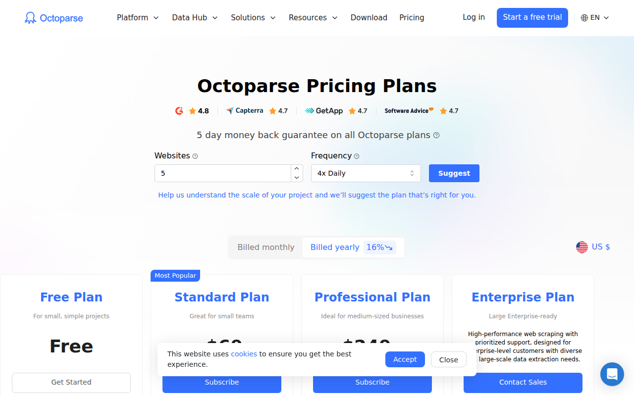 Octoparse pricing page