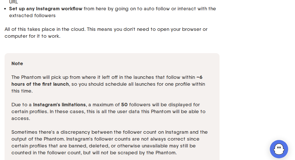 PhantomBuster's note on the 50-follower limit