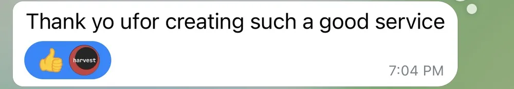 Screenshot: “Thank yo ufor creating such a good service” — Customer · Telegram bot · 7:04 PM